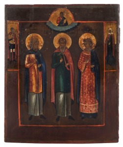 ICON: tempera on wooden panel depicting the Holy Martyrs Samonas, Gourias and Habibus of Edessa, Russian, mid-19th Century, 31.5 x 25.5cm.