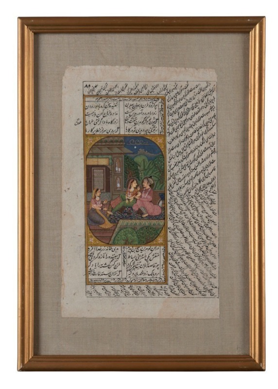 A pair of antique finely painted Indian watercolours of courting scenes, 19th century, 25 x 16cm, 36 x 25cm overall