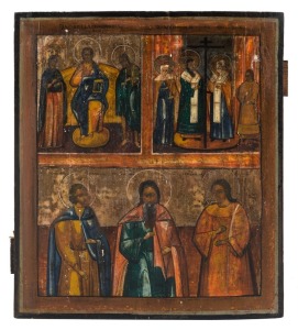 ICON: A composite house icon, tempera on wooden panel, depicting a deesis, the finding of the True Cross and the holy martyrs, Samona, Gourias and Habibas; Russian, mid-late 19th Century, 35.5 x 30.5cm.