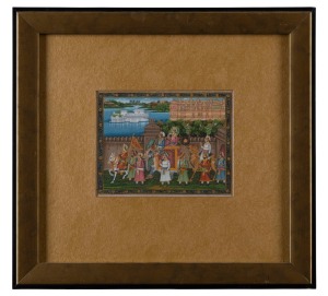 An antique Indian painting of a royal procession, 19th century, Compare: VISIONS OF PARADISE. INDIAN COURT PAINTINGS. NGV MELBOURNE 2018. ISBN 978.19254.32589. 10 x 13.5cm, 27 x 30cm overall