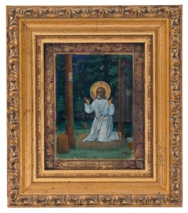 MINIATURE ICON: tempera on wooden panel in the palekh style, depicting St. Seraphim of Sarov praying in a forest, Russian, late 19th Century, 11.2 x 8.9cm (image size).