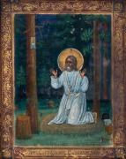 MINIATURE ICON: tempera on wooden panel in the palekh style, depicting St. Seraphim of Sarov praying in a forest, Russian, late 19th Century, 11.2 x 8.9cm (image size). - 2