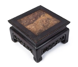 A square Chinese carved rosewood and marble inlaid stand, Qing Dynasty, 19th century, ​11.5cm high, 19cm wide, 19cm deep