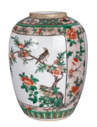 Famille verte and iron red Chinese porcelain ginger jar decorated with floral panels, Kangxi period, ​23cm high