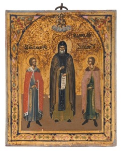 MINIATURE ICON: tempera on wooden panel, depicting St. Vladimir, St. Theodosius and St. Demitrius, Russian, mid-19th Century, 13.5 x 11cm.