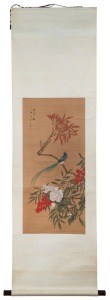 A Chinese watercolour on silk of a bird and flowers, ​84 x 37cm