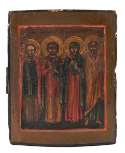 ICON MINIATURE: tempera on wooden panel, depicting Saints Cosmas and Damian with Saint Paraskeva and Saint John, Russian, 18th Century, 18 x 14cm.
