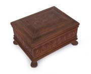 An Anglo-Indian workbox, superbly carved on all sides, with claw feet and compartmented lift out tray fitted with lids, early to mid 19th century, 18cm high, 32.5cm wide, 25.5cm deep - 2