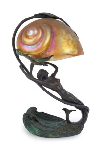 GUSTAV GURSCHNER designed mermaid lamp, cast bronze with iridescent glass shell shade, ​37cm high