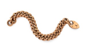 A 9ct rose gold curb link bracelet with heart lock, 19th/20th century, most likely wax filled links, stamped "9ct", 21cm long, total weight 36 grams