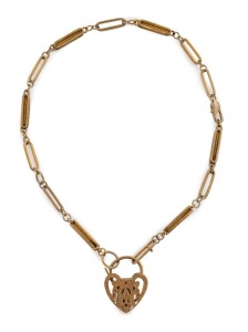 A 9ct Albert fob chain with ornate heart shaped lock and later clasp, ​42cm long, 37 grams total