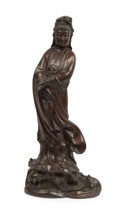 Chinese Beijing school Guanyin carved wooden statue, late Qing Dynasty. Compare a similar carved Guanyin standing figure in the collection of the Nanjing Museum, China. 49cm high