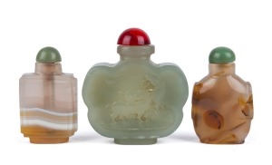 Three Chinese snuff bottles, carved agate and jade with stoppers, 19th and 20th century, ​the largest 6cm high