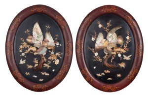 SHIBAYAMA pair of antique Japanese oval wall plaques, Meiji period, 19th century, ​​​​​​​54 x 42cm each overall