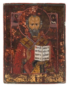 ICON: tempera on wooden panel, depicting St. Nicholas the Wonder Worker, circa 1850, Russian, 27 x 20.5cm.