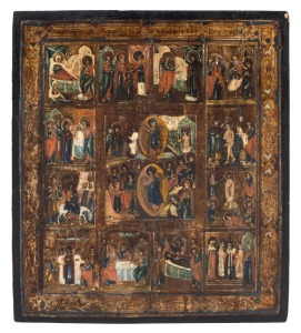 ICON: tempera and gilt on wooden panel, depicting The Resurrection (central panel) surrounded by The Great Feasts of the Church, Russian, mid-19th Century, 36 x 30.5cm.