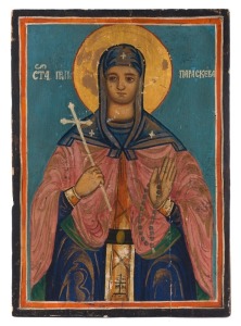 ICON: tempera and gilt on wooden panel, depicting Saint Paraskeva, Russian, late 19th Century, 43.5 x 30.5cm.Saint Paraskeva, is the virgin martyr patron saint of the Friday Market.