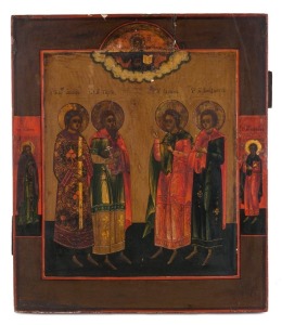 ICON: tempera on wooden panel, depicting St. Abbib, St. Gourii, St. Samona and St.Bindantii together with St. John the Monk and St. Sabin in the side panels, Russian, mid-19th Century, 35.5 x 30.5cm.