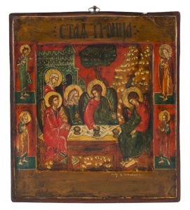 ICON: tempera and gilt on wooden panel, depicting The Old Testament Holy Trinity (The angels entertained by Abraham and Sarah in the Garden of Mamreh) surrounded by St.John the Baptist, Holy Prophet Elijah, St, Peter and St, Paul, Russian, 19th Century (a
