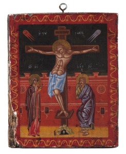 ICON: tempera on gesso on linen on wooden panel, depicting the Crucifixion, Greek, mid-19th Century, 18.2 x 15cm.