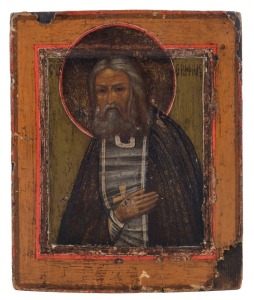 ICON: tempera on wooden panel, depicting Saint Seraphim of Sarov, Russian, circa 1850, 17.5 x 15cm.Prokhor Moshnin (1759 - 1833) venerated as Saint Seraphim was a wonder-worker.