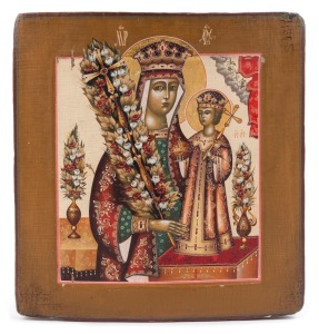 ICON: tempera and gilt on gesso and linen on wooden panel, depicting The Mother of God of the Undying Rose, Russian or Balkan, mid-19th Century, 35.5 x 34cm.