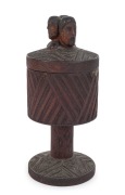 Maori wooden cup and cover, superbly carved with three headed finial bearing full Moko (facial tattoos), inlaid with paua shell decoration, 19th century, 25cm high - 2