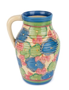 CLARICE CLIFF English Art Deco porcelain jug, circa 1930, stamped "Hand Painted Bizarre by Clarice Cliff, Newport pottery, England", 29cm high