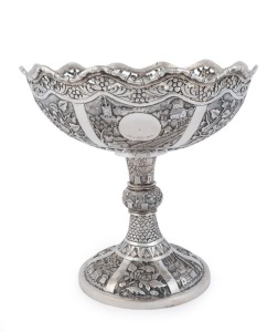 An impressive antique Chinese silver compote decorated in repousse with landscapes and floral scenes, Qing Dynasty, 19th century, 25cm high, 25.5cm diameter, 886 grams