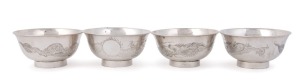 Four Chinese silver bowls with dragon decoration, 19th century, double seal marks to the bases, 5cm high, 10.5cm diameter, 374 grams total
