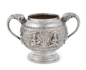 An antique Indian silver sugar bowl with elephant head handles, 19th century, 9.5cm high, 15cm wide, 196 grams