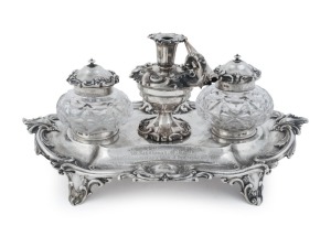 An antique English sterling silver desk set with, made in Sheffield, circa 1858,15cm high, 30cm wide, 610 grams (minus ink pots),