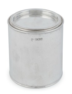 An English sterling silver tea caddy in the form of a tin, by Stewart Dawson & Co. London, circa 1910, ​​​​​​​11cm high, 9.5cm diameter, 268 grams