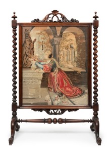 An impressive antique English fire screen, carved and turned rosewood with original hand-worked tapestry panel, circa 1840, 125cm high, 85cm wide, 44cm deep