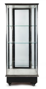 An antique nickel bound shop display cabinet, late 19th century, ​​​​​​​193cm wide, 77cm wide, 46cm deep