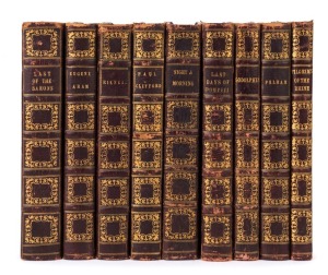 SIR EDWARD BULWER LYTTON LIBRARY: A nine volume uniformly bound set of the works of 'Sir Edward Bulwer Lytton', each with illustrated frontispieces, 1850-59, [Chapman & Hall, London]; half calf over marbled boards; gilt ornamentation and lettering to spin