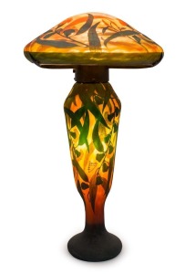 DAUM "EUCALYPTUS" stunning French cameo glass lamp and shade, early 20th century, signed "Daum Nancy, France", 75cm high, 42cm wide