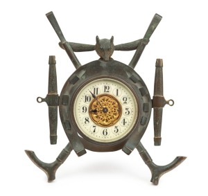 An antique bronze table clock with fox hunting motif, late 19th century, ​​​​​​​18cm high