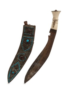 An antique kukri, steel blade with bone handle and decorative scabbard set with cabochon stones, 19th century, 38cm long