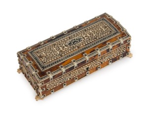An Anglo-Indian antique jewellery casket, tortoiseshell bone and ivory with velvet interior, 19th century, ​​​​​​​5.5cm high, 19cm wide, 8.5cm deep