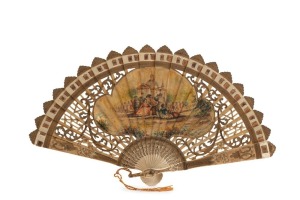 An antique French fan, carved ivory with hand-painted scene, signed lower right (illegible), early 19th century, ​​​​​​​19cm high, 32cm wide