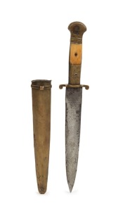 An antique dagger with British acid etched steel blade with brass handle bone hilt and scabbard, 19th century, ​​​​​​​31cm long