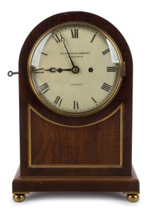 An antique English bracket clock, twin train fusee movement in mahogany case with brass trim, dial marked "GOLDSMITHS COMPANY 112 REGENT ST. LONDON", circa 1880, 38cm high