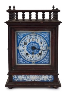 An antique Dutch mantel clock, time and strike movement with blue patterned dial in timber case with turned gallery, 19th century, ​​​​​​​33cm high