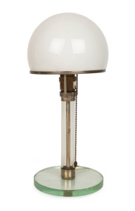 WILHELM WAGENFELD (1900 - 1990) and CARL JACOB JUCKER (1902 - 1997) ME1 table lamp, circa 1924, nickel-plated brass, glass base with opalescent glass shade, overall 36cm high.