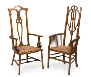 Two English Arts & Crafts high back carver chairs, circa 1905, the larger 124cm high, 52cm across the arms