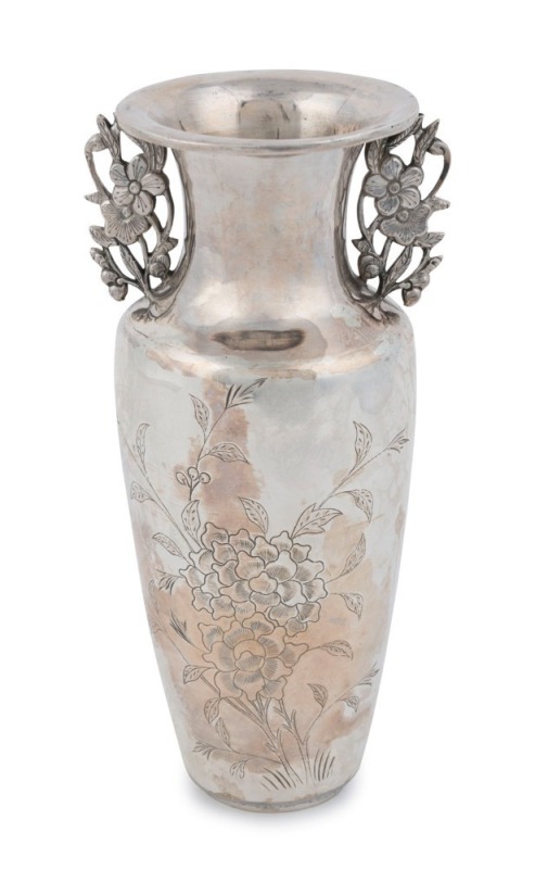 An antique Chinese silver vase with floral decoration and vacant cartouche, 19th century, double seal mark to base. 17cm high, 178 grams