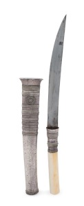 An antique Burmese dha dagger with ivory handle and silver scabbard, 19th century, ​​​​​​​29.5cm long