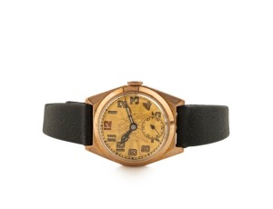 A vintage 9ct rose gold cased wristwatch with Arabic numerals and subsidiary dial, circa 1930, case stamped 9ct with Handley mark, the case 3.5cm high