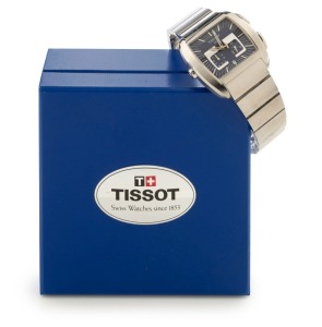 TISSOT chronograph gent's wristwatch in stainless steel case and bracelet with skeleton back, square blue dial with baton numerals, in original box with manual, 